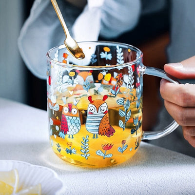 wickedafstore 450ml Cartoons Glass Mug Creative Cute Girl Breakfast Milk Coffee Cup Household Couple Water Mugs Teacup Heat Resistance