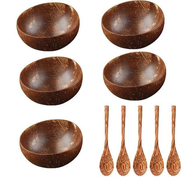wickedafstore 5 spoon 5 bowl Natural Coconut Wood Bowl