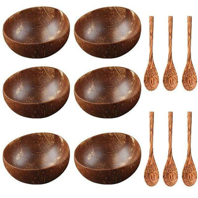 wickedafstore 6 Spoons 6 Bowls Natural Coconut Wood Bowl
