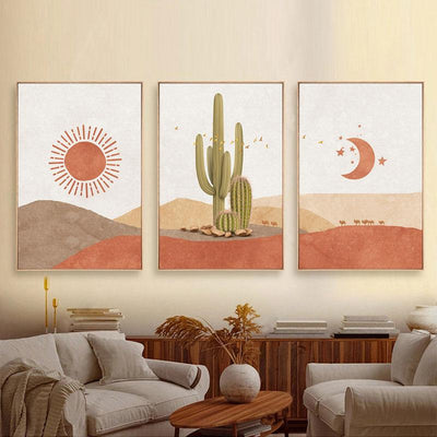 wickedafstore Abstract Landscape Sun and Moon Scene Boho Canvas Prints Cactus Wall Art Nordic Desert Wall Picture for Living Room Home Decor