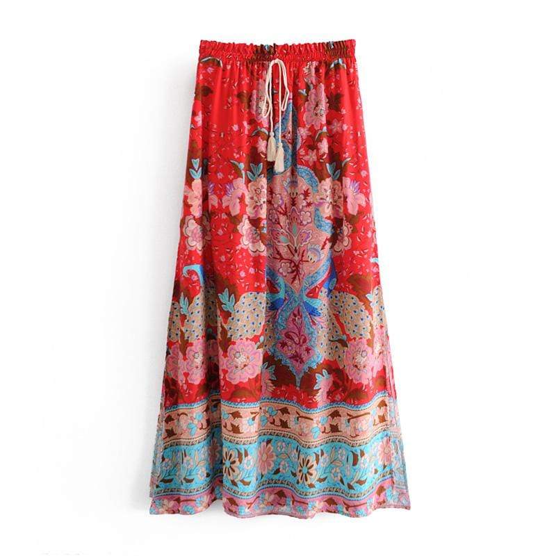 wickedafstore Allegra Red Floral Peacock Maxi Skirt