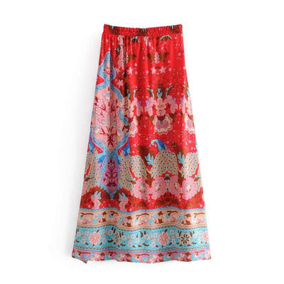 wickedafstore Allegra Red Floral Peacock Maxi Skirt