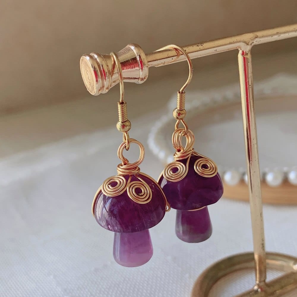 wickedafstore Amethyst Natural Crystal Mushroom Earrings