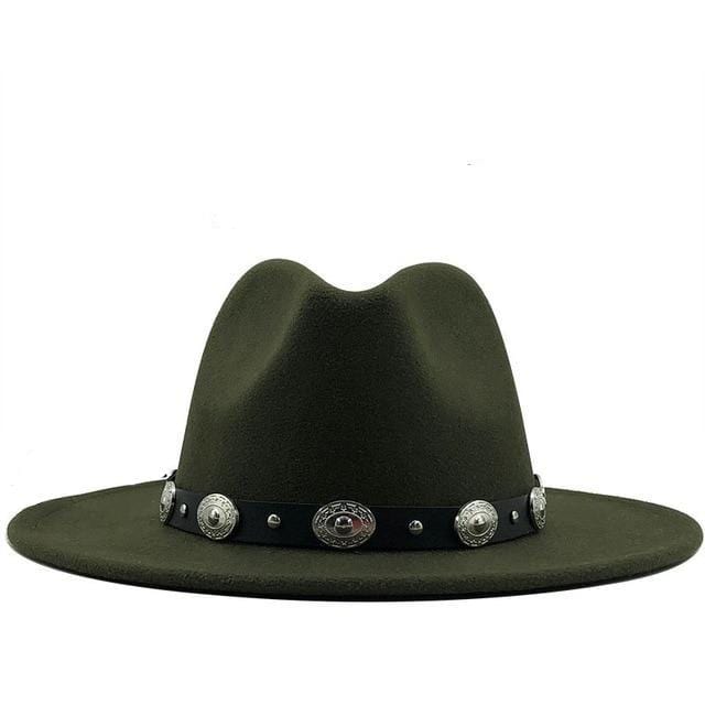 wickedafstore Army Green Fedora With Punk Strap Hat