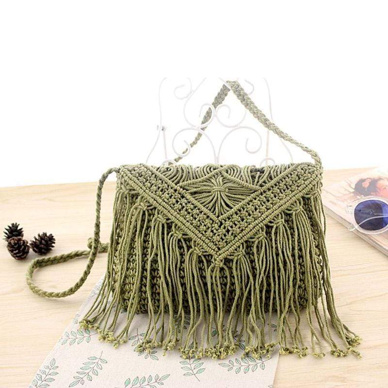 wickedafstore Army Green Handmade Crochet Bag with Tassels