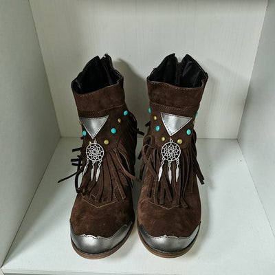 wickedafstore Auburn / 34 Fringed Boho Dreamcatcher Ankle Boots