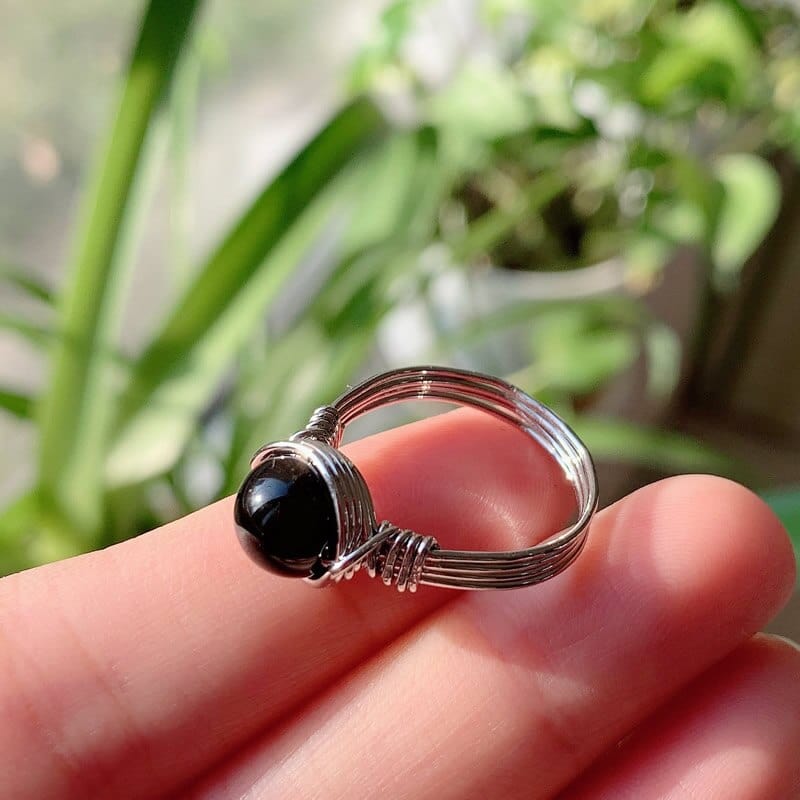 wickedafstore Black Agate Healing Crystal Ring