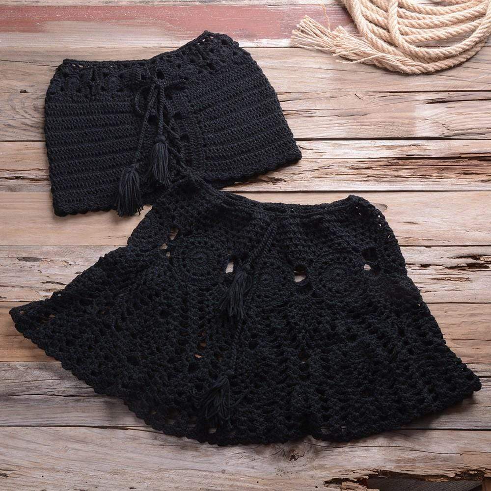 wickedafstore Black / M Crochet Bikini Top Skirt Set