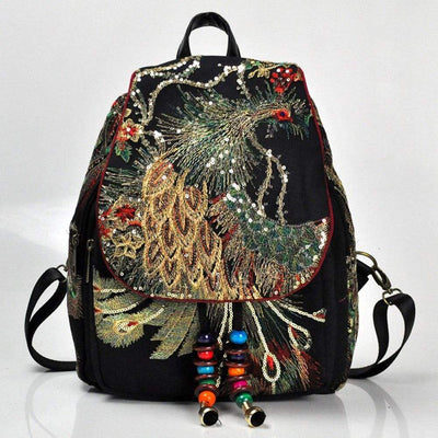 wickedafstore Black Peacock Embroidered Ethnic Style Backpack