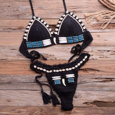 wickedafstore Black / S Shell Crochet Bikini Set
