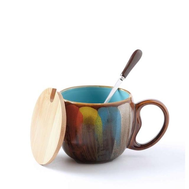 wickedafstore Blue 350ml Creative Hand Painted Coffee Mug Ceramic Coffee Cup With Wooden Lid&Spoon Cafe Bar Drinkware Home Office Breakfast Cup