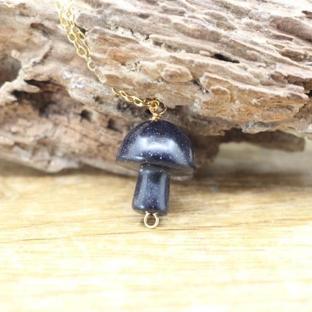 wickedafstore Blue Goldstone Tiny Mushroom Crystal Chain Necklace