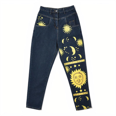 wickedafstore Blue / M Sun and Moon Print Jeans