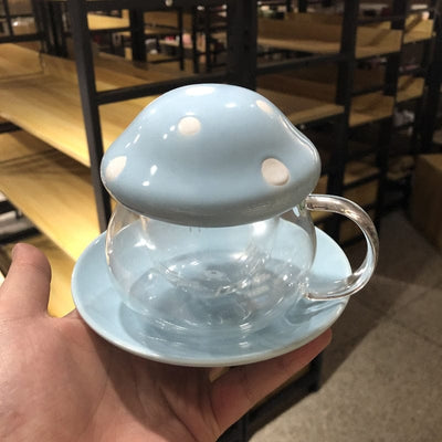 wickedafstore Blue Mushroom Glass Mug with Cover & Saucer