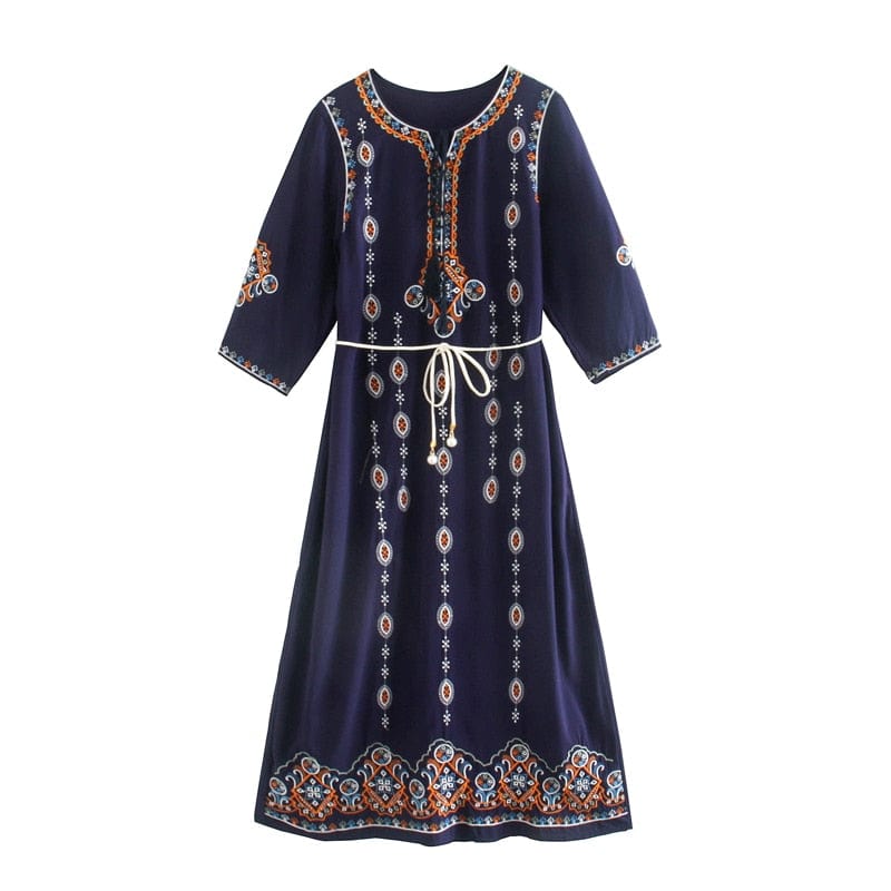 wickedafstore Blue / ONE SIZE Ignatia Boho Embroidery Midi Dress