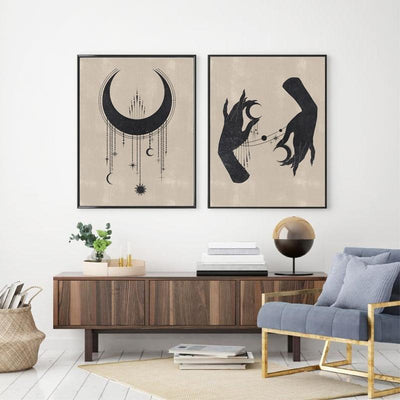 wickedafstore Celestial Canvas Painting Wall Pictures Abstract Minimalist Moon Phases Witchy Art Prints Living Room Gallery Boho Decor