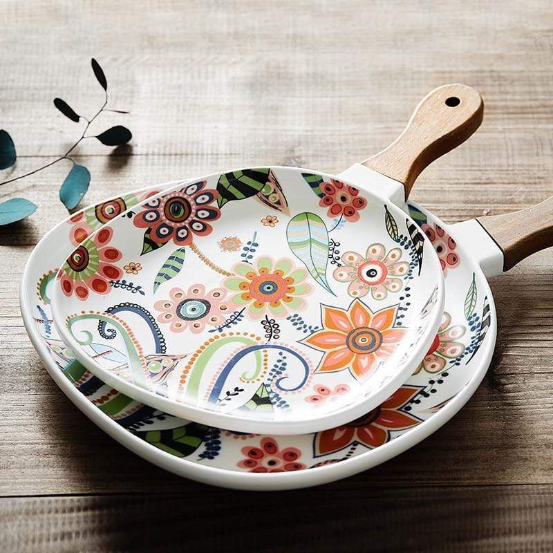 wickedafstore Ceramic Floral Plate With Handle