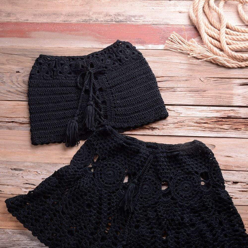 wickedafstore Crochet Bikini Top Skirt Set