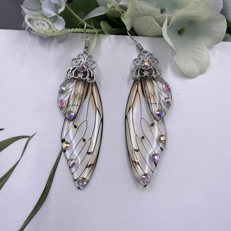 wickedafstore Crystal-Silver Fairy Wing Statement Earrings