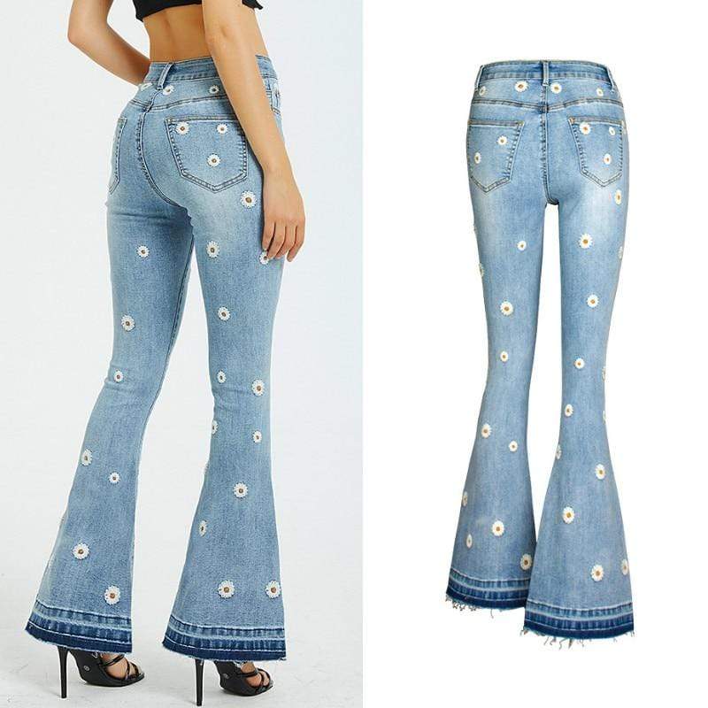 wickedafstore Daisies Embroidered Flare jeans