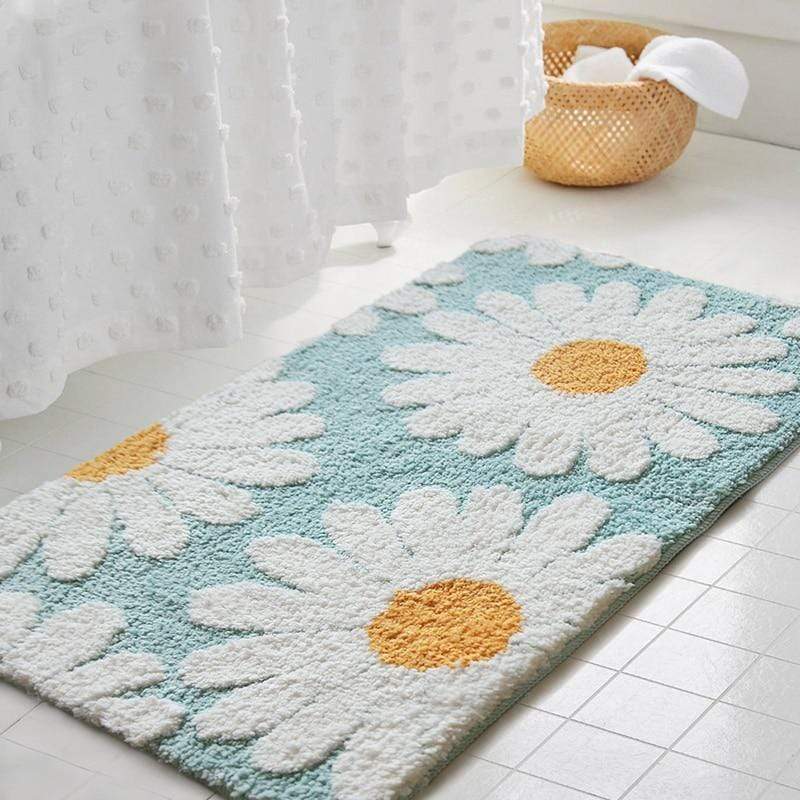 wickedafstore Daisy Bathroom Mat Nordic Fluffy Carpet Area Rug Bath Room Floor Floral Absorbent Anti Slip Pad Bathmat Doormat Home Decor