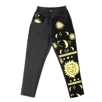 wickedafstore Dark Gray/Black / 4XL Sun and Moon Print Jeans