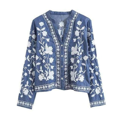 wickedafstore Deep blue / M Abelia Floral Embroidered Blouse