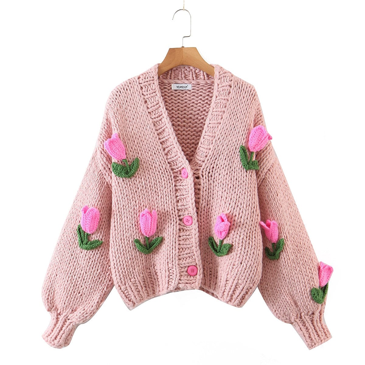 wickedafstore embroidered cardigan Pink / One Size Embroidered Tulips Knit Cardigan