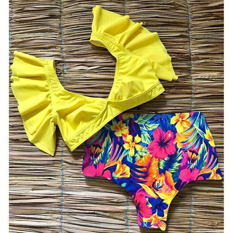 wickedafstore Floral Ruffled Hem Bikini Set Women Flora V-neck High-waisted Two Piece Swimsuit 2021 Girl Beach Bathing Suit Swimwear Biquinis