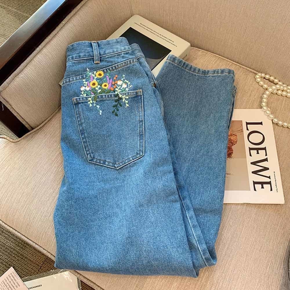 wickedafstore Flowers In My Pocket Embroidered Jeans