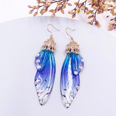 wickedafstore Gold-Blue 2 Fairy Wings Earrings Colorful Edition