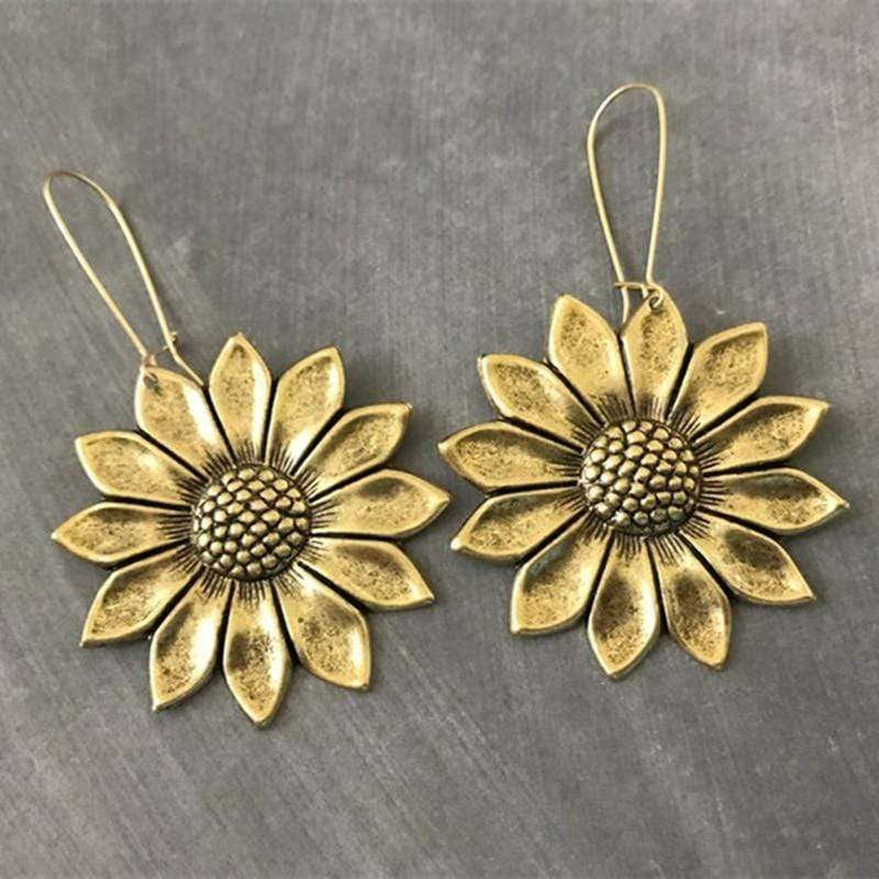 wickedafstore Gold Boho Sunflower Drop Earrings