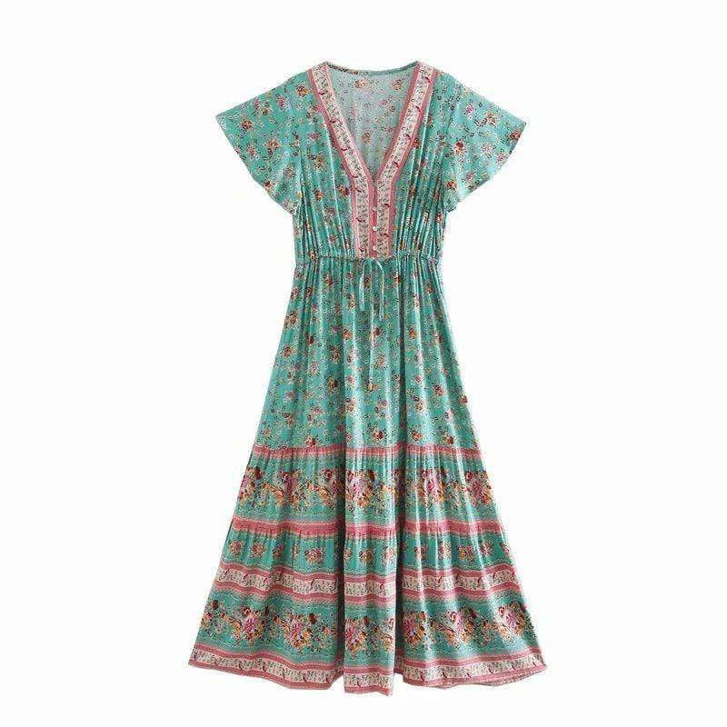 wickedafstore Green / M Wylie Vintage Multi Floral Maxi Dress