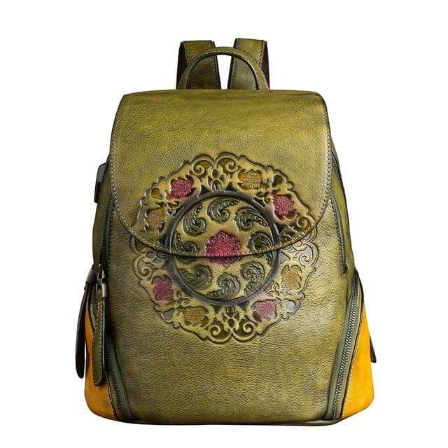 wickedafstore Green Vintage Style Leather Backpack
