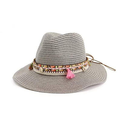 wickedafstore Grey Braid Shells And Tassels Sun Panama Hat