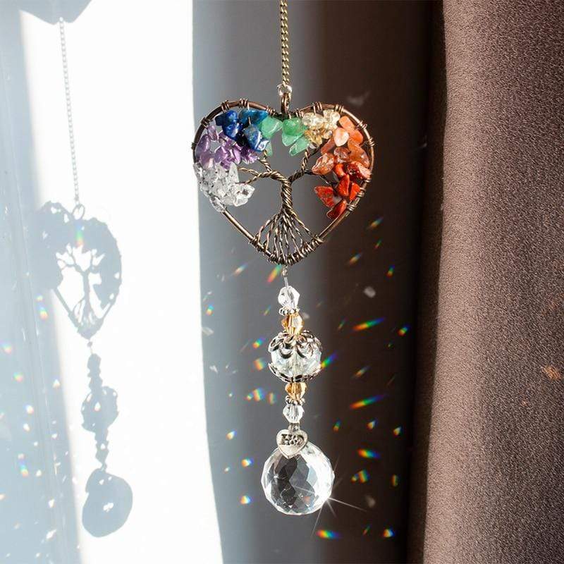 wickedafstore H&D Chakra Healing Stones Tree of Life Suncatcher Rainbow Maker Window Hanging Ornament Housewarming Gift Collection Car Charms