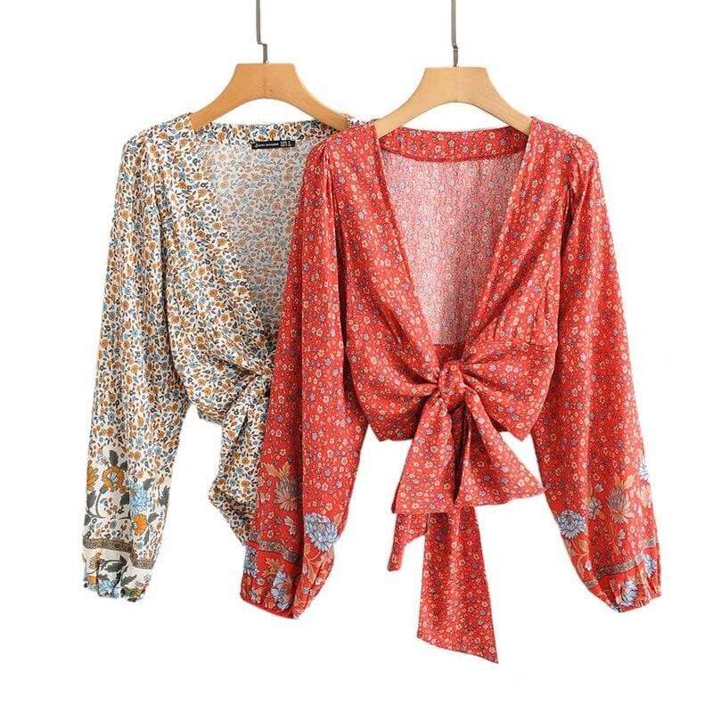 wickedafstore Happie Queens Women  Floral Print Rayon Bohemian Blouses Shirt Ladies Loose Crop Top Long Sleeve Boho Blusas Kimono Cover-up