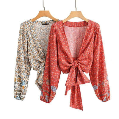 wickedafstore Happie Queens Women  Floral Print Rayon Bohemian Blouses Shirt Ladies Loose Crop Top Long Sleeve Boho Blusas Kimono Cover-up