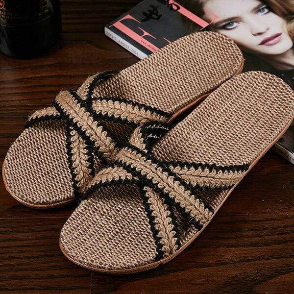 wickedafstore HeibianJiaocha / 38 Summer Natural Flax Slippers 2020 Women Sandals Comfortable Non-slip Ladies Home Cross-tied Casual Indoor Shoes Multicolor