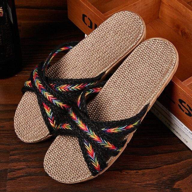 wickedafstore HeihuaJiaocha / 44 Summer Natural Flax Slippers 2020 Women Sandals Comfortable Non-slip Ladies Home Cross-tied Casual Indoor Shoes Multicolor