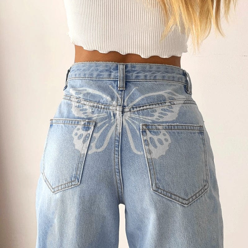 wickedafstore High Waist Butterfly Print Jeans