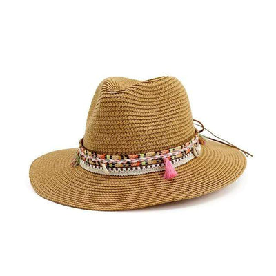 wickedafstore Khaki Braid Shells And Tassels Sun Panama Hat