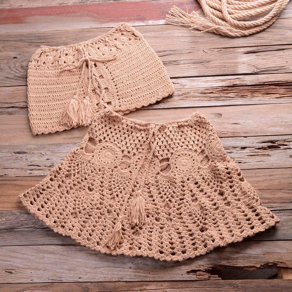wickedafstore Khaki / L Crochet Bikini Top Skirt Set