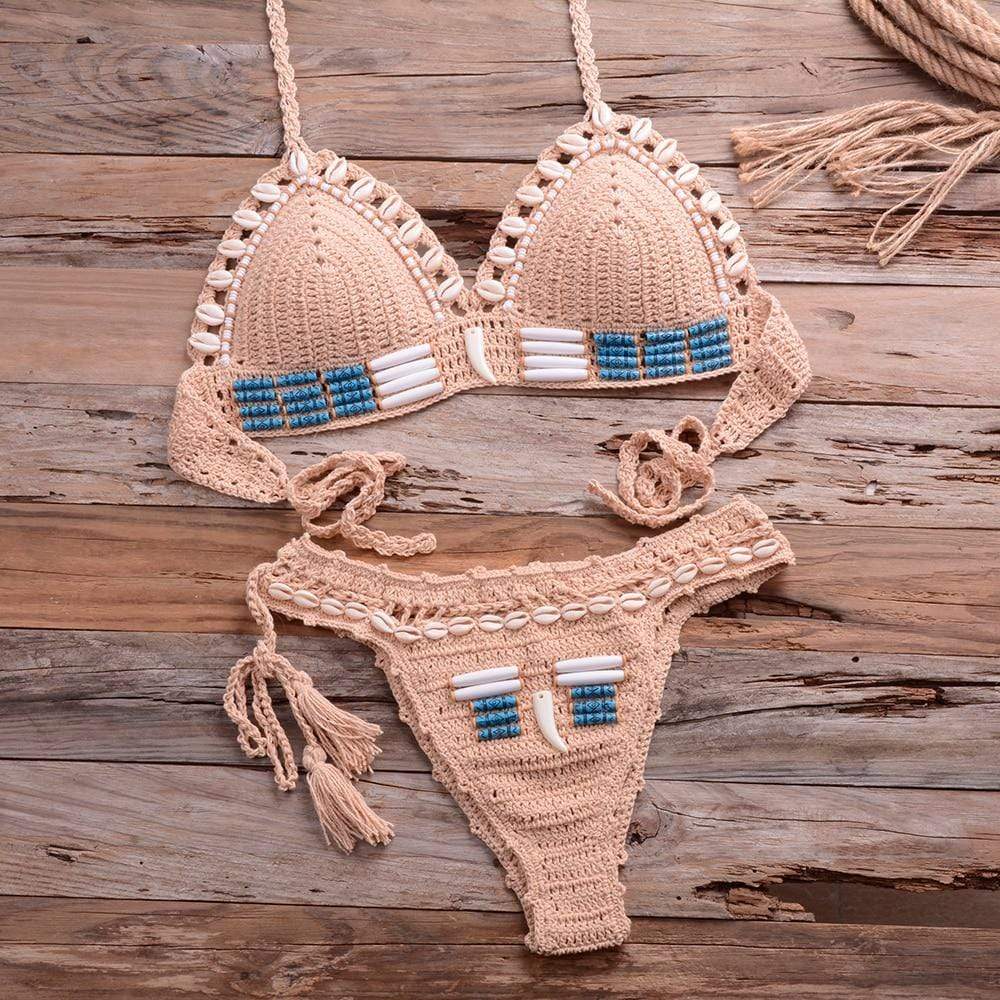 wickedafstore Khaki / M Shell Crochet Bikini Set