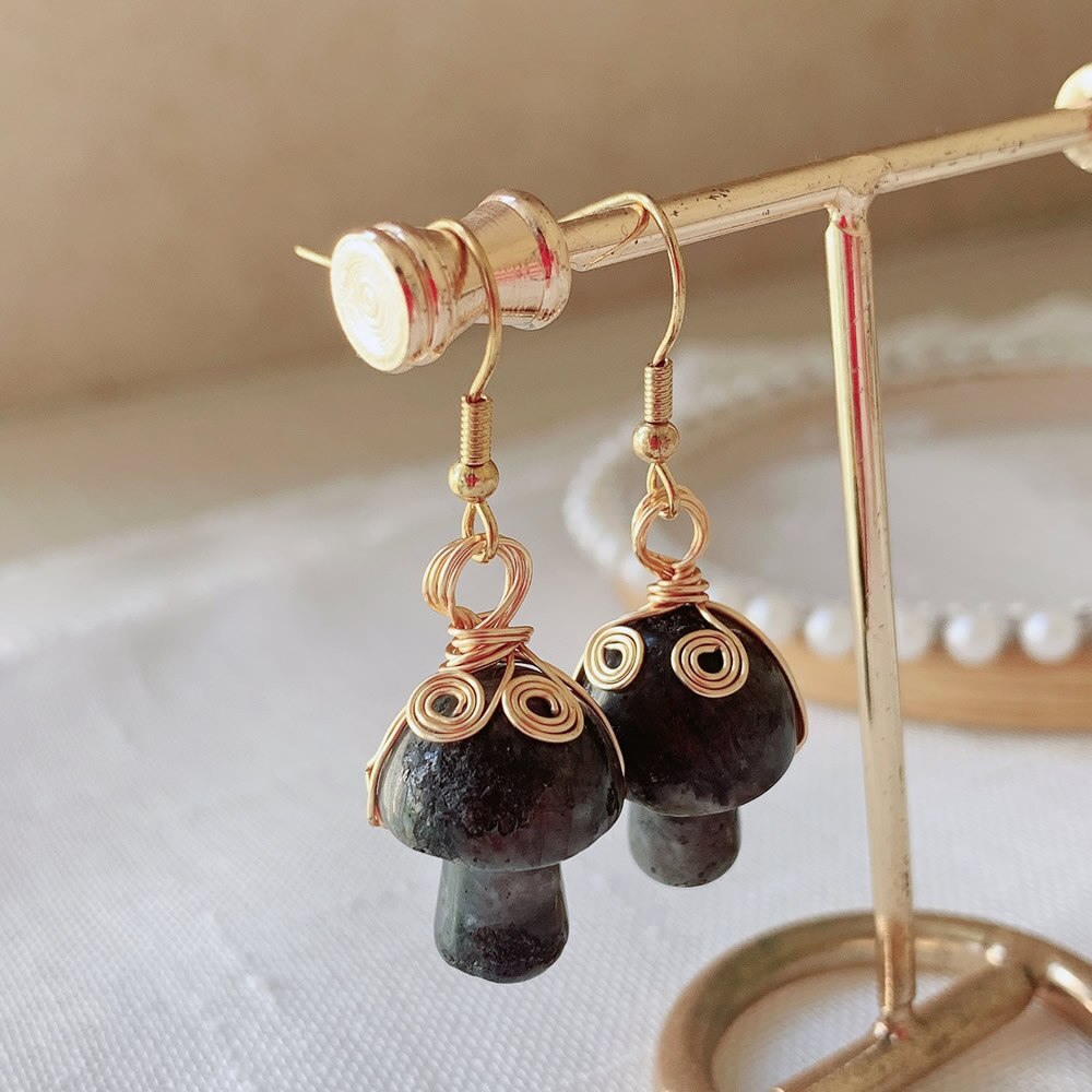 wickedafstore Labradorite Natural Crystal Mushroom Earrings
