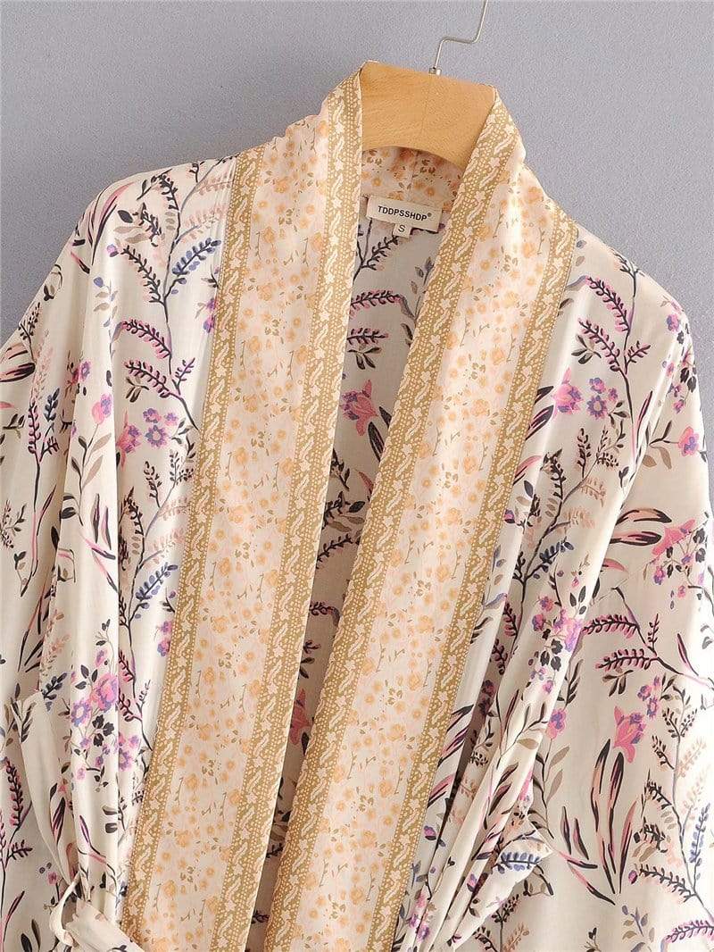 wickedafstore Leona Floral Maxi Kimono In Beige