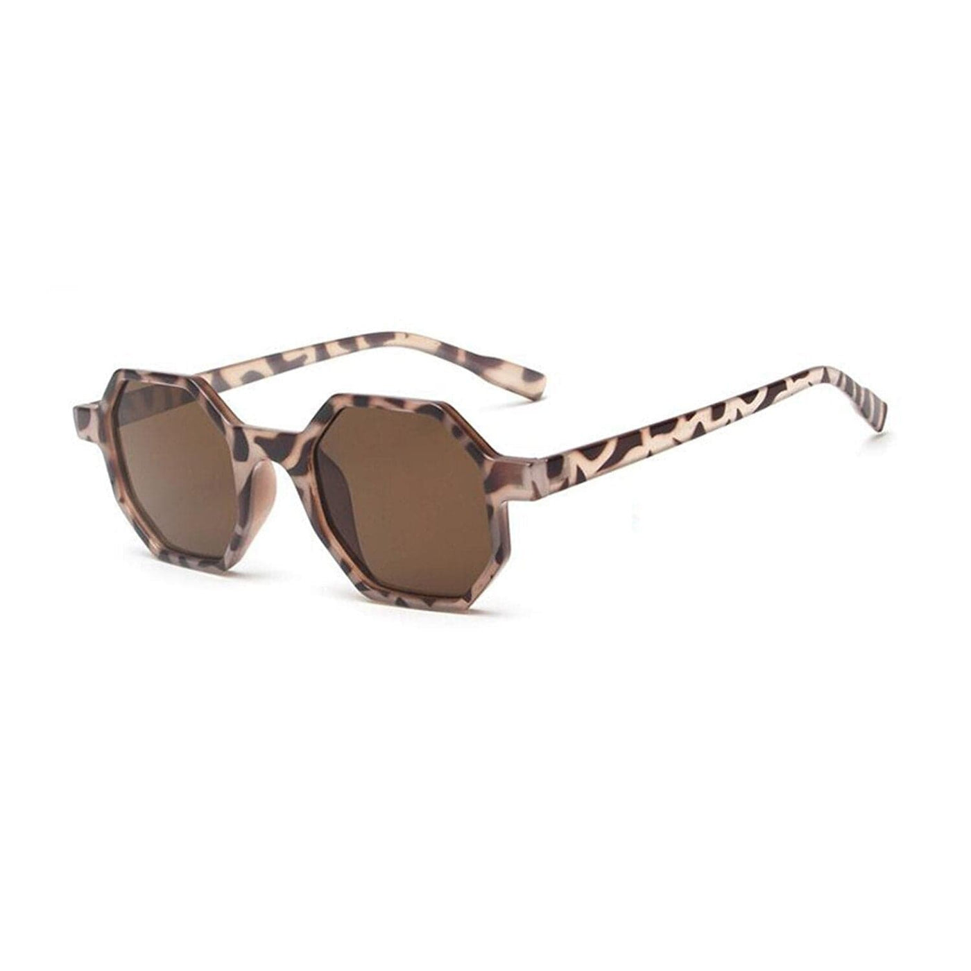 wickedafstore Leopard With Brown Hexagonal Retro Vintage Sunglasses