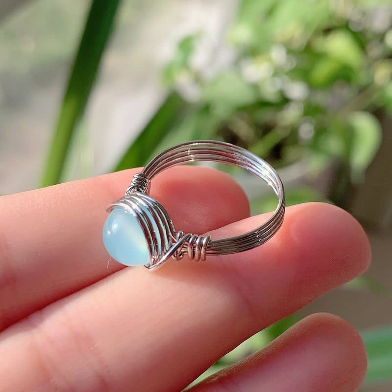 wickedafstore Light Blue Agate Healing Crystal Ring