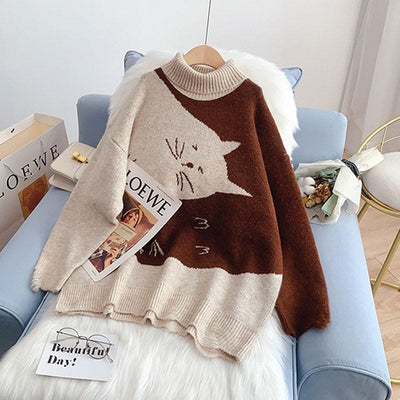 wickedafstore Light Brown / One Size Yin & Yan Cats Knit Sweater