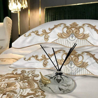 wickedafstore Luxury White 60S Satin Cotton Royal Gold Embroidery 4/5Pcs Bedding Set Soft Silky Duvet Cover Bed Linen Fitted Sheet Pillowcases
